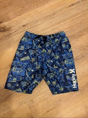 Hurley Navy and Yellow Graphic Swim Trunks